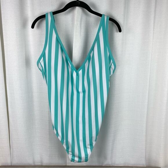 Target Kona Sol Teal&White Stripe V Neck One Piece Swimsuit Sz.XL NWOT - Picture 4 of 16